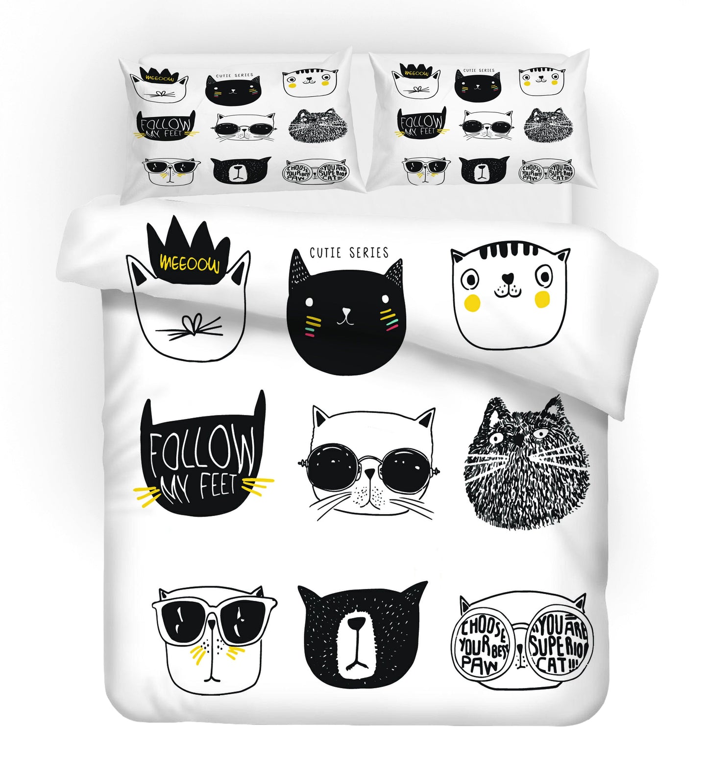 3D Black White Cartoon Cat Kitty Quilt Cover Set Bedding Set Duvet Cover Pillowcases SF43