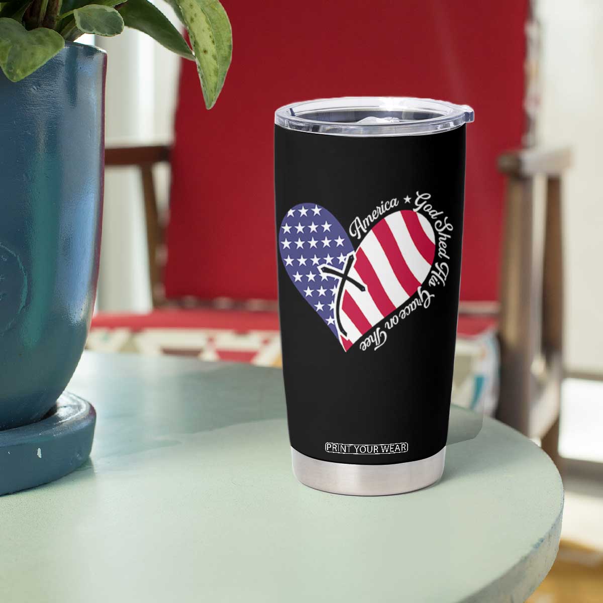 America God Shed His Grace on Thee 4th of July Tumbler Cup Patriotic American Flag Cross TS10