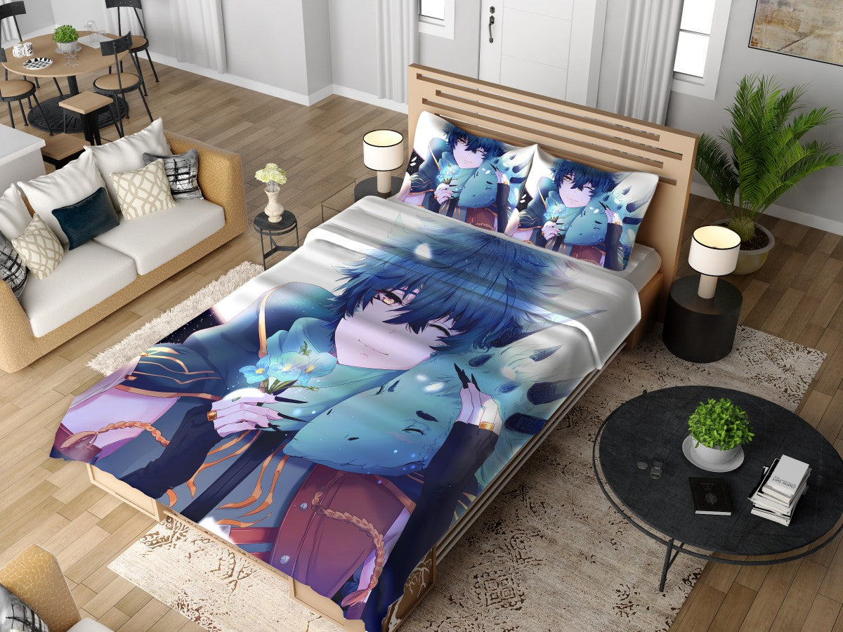 Anime Boy Dragon Blue Flowers Bedding Set