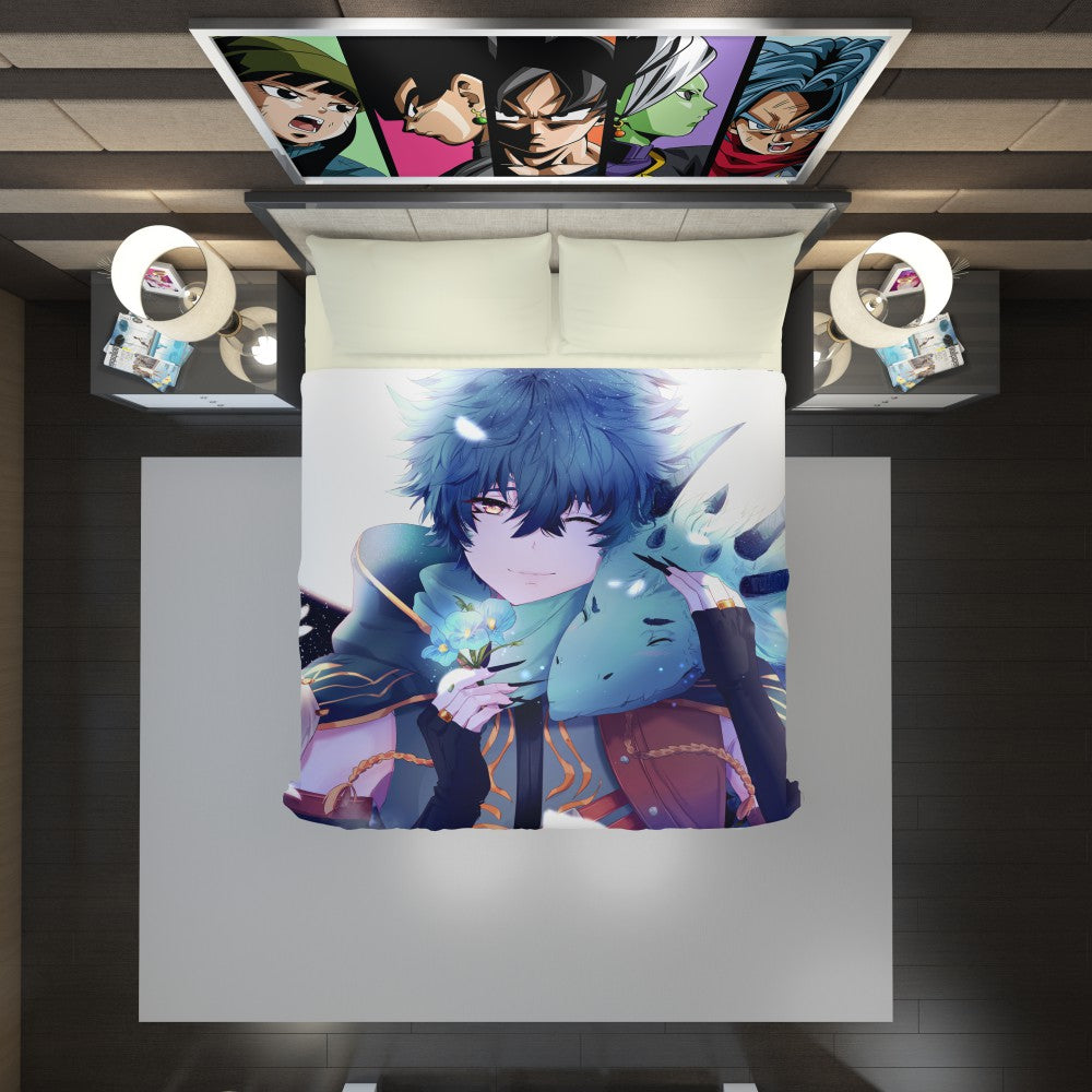 Anime Boy Dragon Blue Flowers Duvet Cover