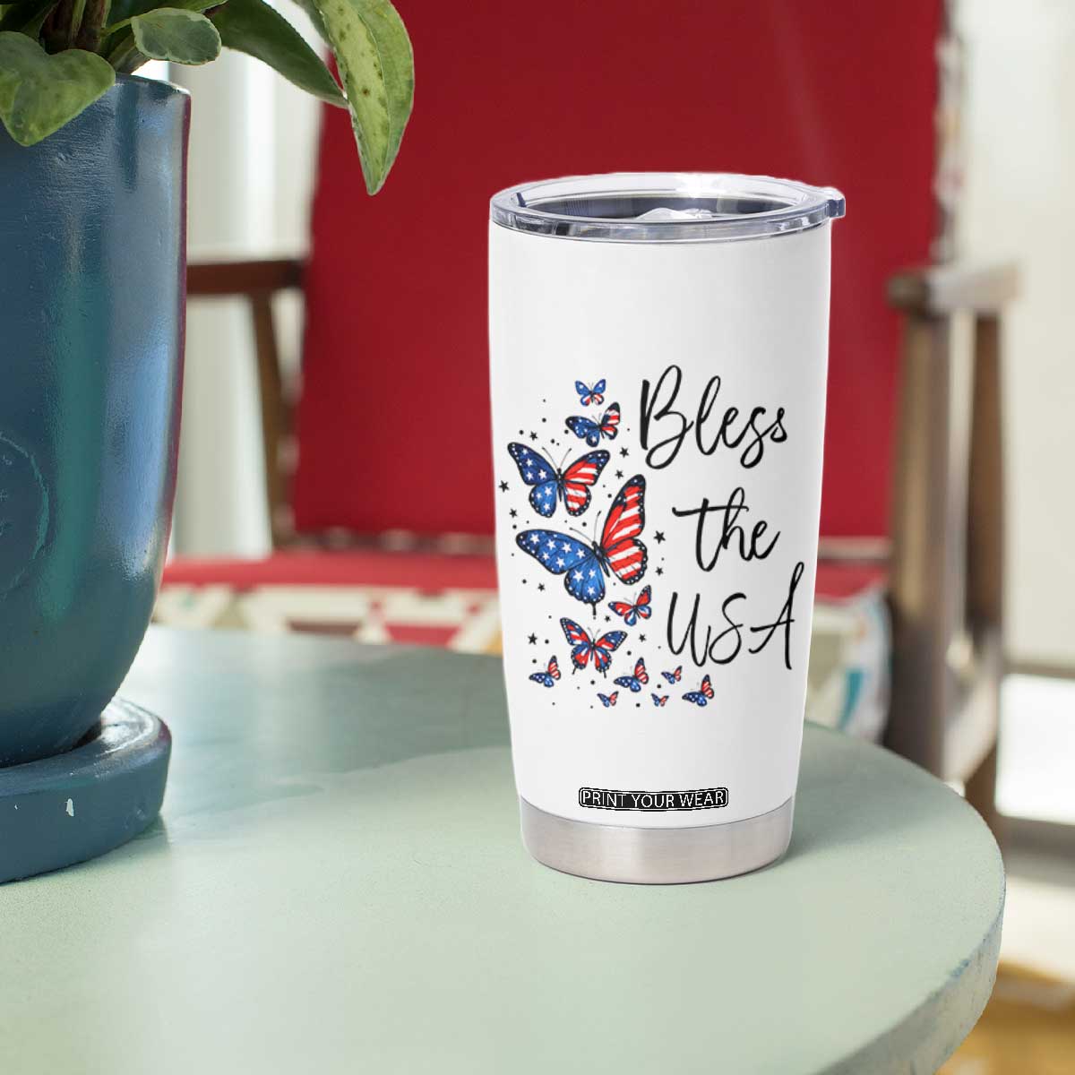 Bless The USA 4th of July Tumbler Cup Patriotic American Flag Butterfly Independence Day TS11