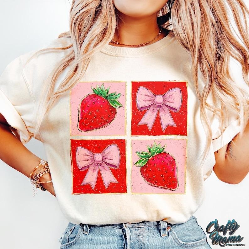 Boho Coquette Strawberry Preppy Summer Pink Bow Retro Trendy Summer T-Shirt
