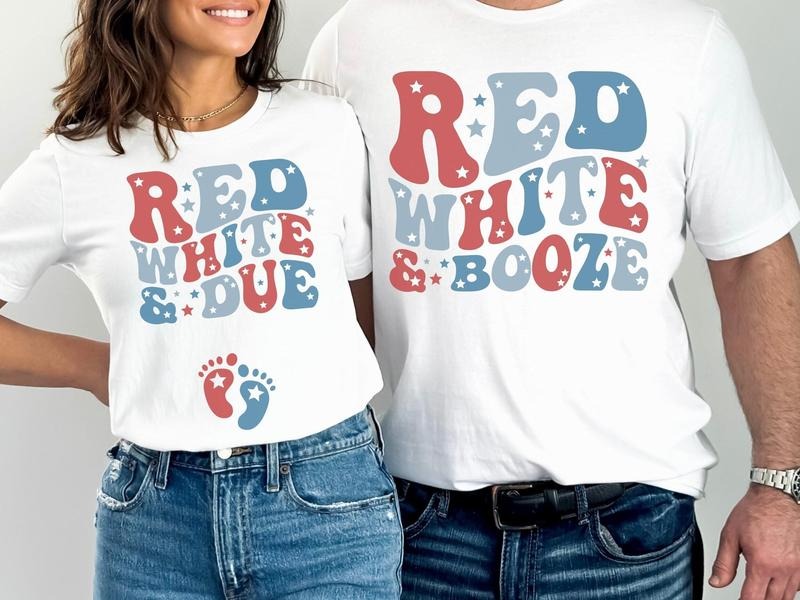 Booze Couple Shirts 4th of July Pregnancy Announcement Matching T-Shirts Gender Reveal Baby Shower 100% Cotton