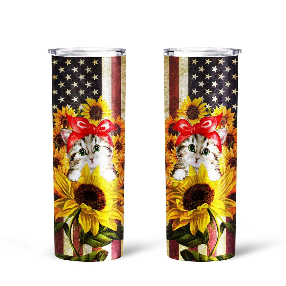 Cat Sunflower Tall Glitter Tumbler Custom American Flag