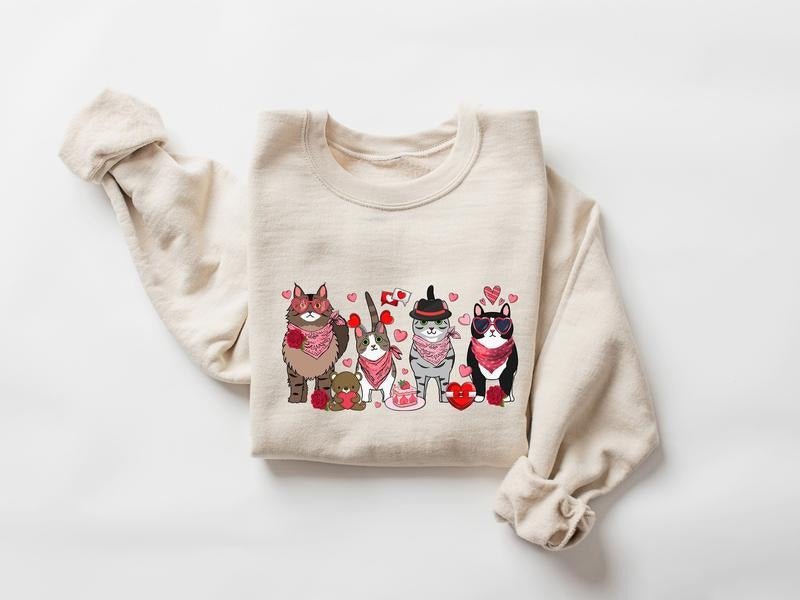 Cat Valnetine Sweatshirt, Cute Cats Valentines Day Sweatshirt, Cat Lover Valentine Gift, Cat Family Sweater, Mini Bear Heart Valentine Crewneck, Cat Owner Sweatshirt