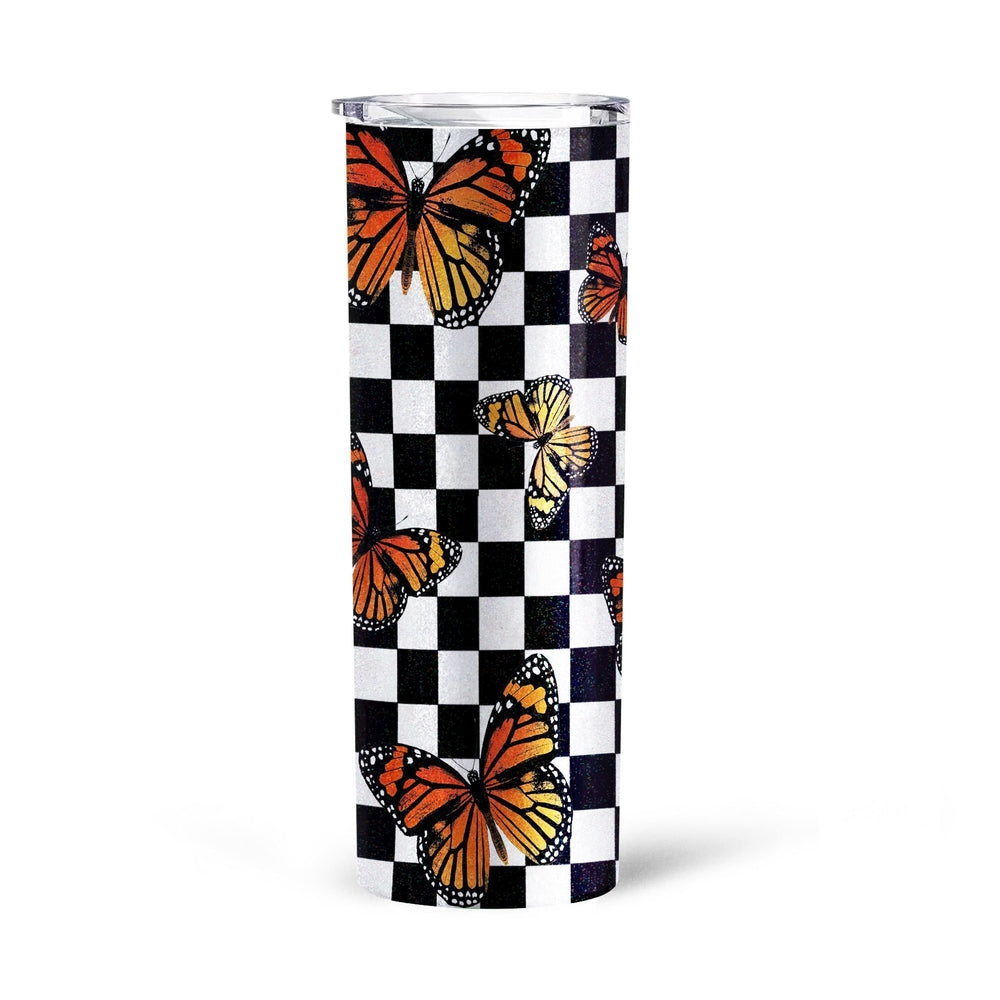 Checkerboard Butterfly Tall Glitter Tumbler Custom Pattern Car Accessories