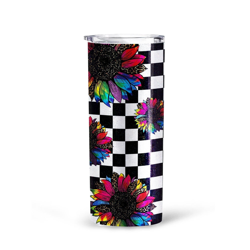 Checkerboard Sunflower Tall Glitter Tumbler Custom Leopard Pattern
