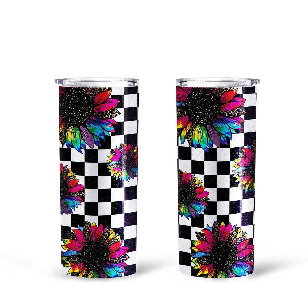 Checkerboard Sunflower Tall Glitter Tumbler Custom Leopard Pattern