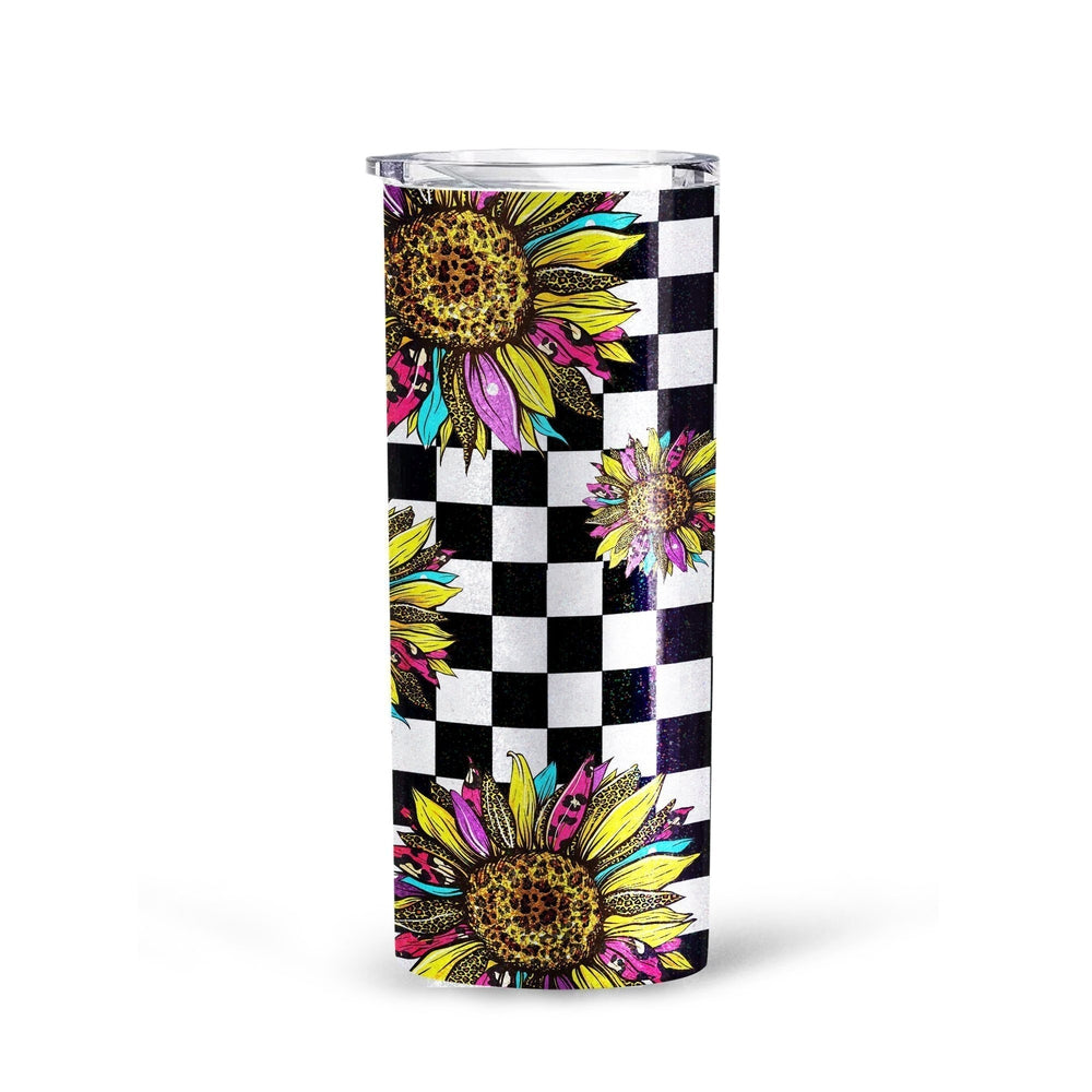 Checkerboard Sunflower Tall Glitter Tumbler Custom Leopard Skin