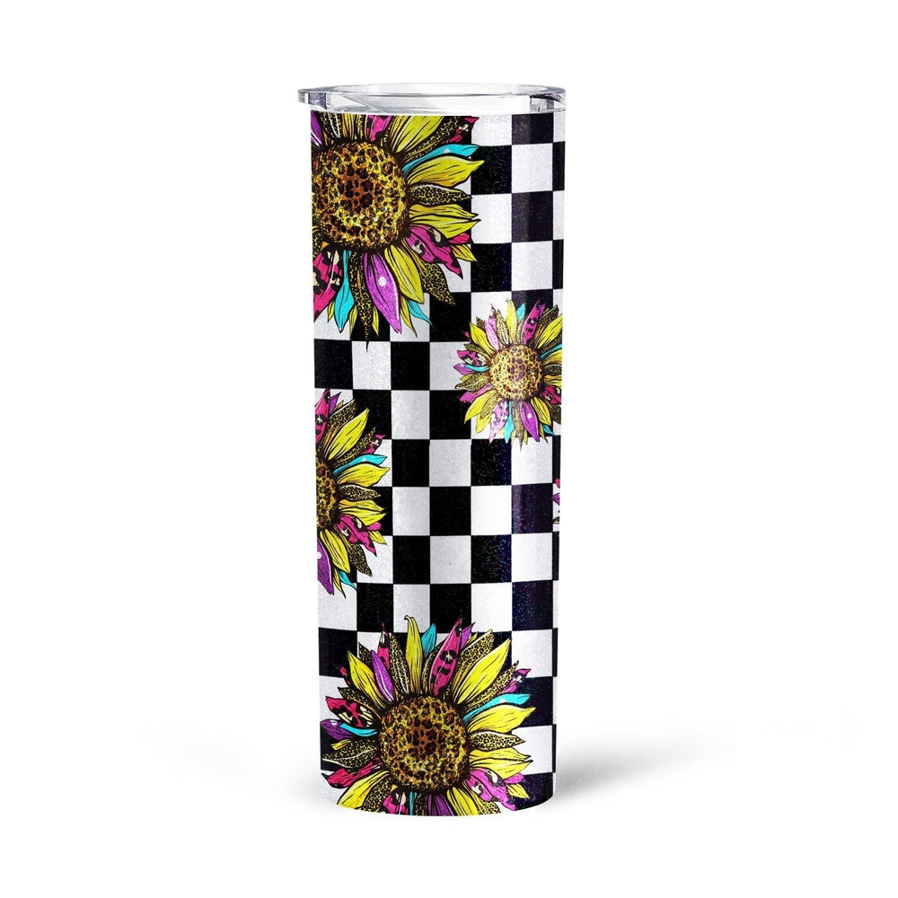 Checkerboard Sunflower Tall Glitter Tumbler Custom Leopard Skin