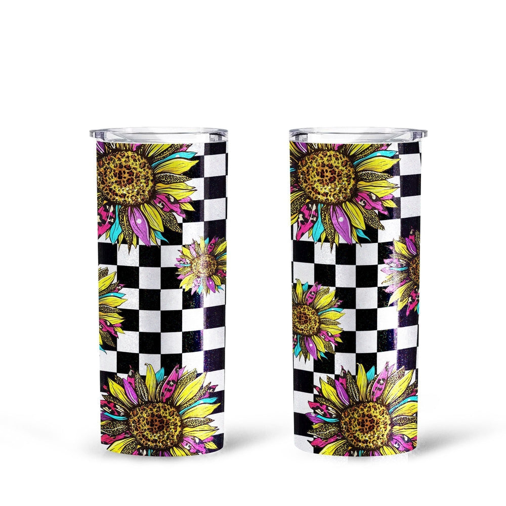 Checkerboard Sunflower Tall Glitter Tumbler Custom Leopard Skin