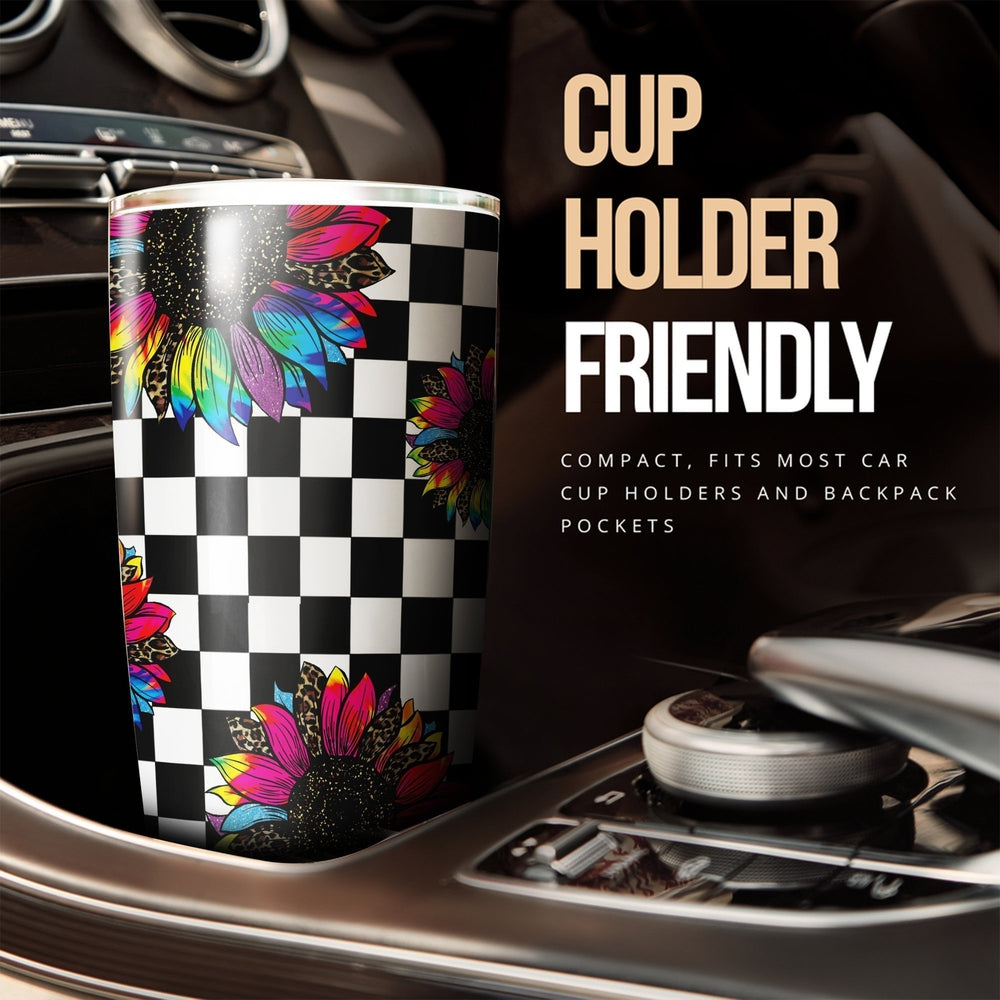 Checkerboard Sunflower Tumbler Stainless Steel Custom Leopard