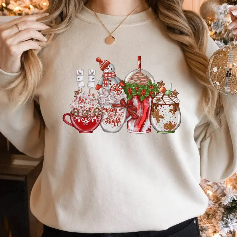 Christmas Coffee Sweatshirt Hot Cocoa Sweatshirt Coffee Lover Sweater Christmas Gift Coffee Lover Gift Santa Sweater Merry And Bright Cotton Womenswear