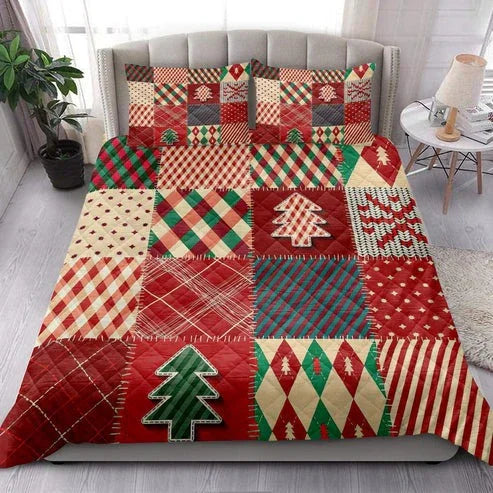 Personalized Christmas Quilting Red Plaid Christmas Holidays 3-Piece Quilt Bedding Set With Pillowcases