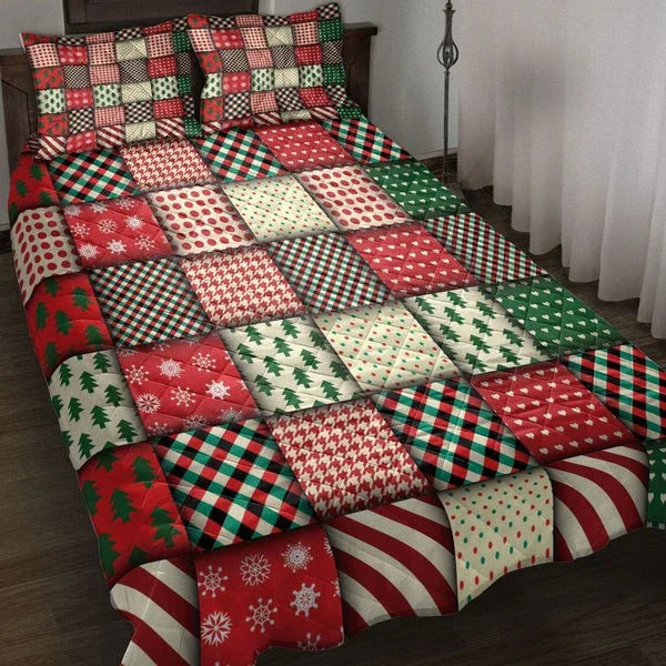Personalized Christmas Seamless Patchwork Plaid Christmas 3-Piece Quilt Bedding Set With Pillowcases