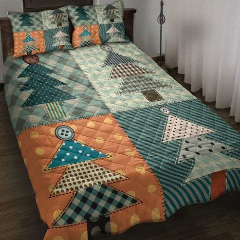 Personalized Christmas Tree Plaid Christmas 3-Piece Quilt Bedding Set With Pillowcases