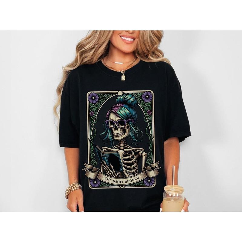 Comfort Colors Book Lover Shirt, Funny Smut Reader T-Shirt, Skeleton Reading Tarot Tee, Spicy Romance Book TShirt, Mystic Booktrovert Gift