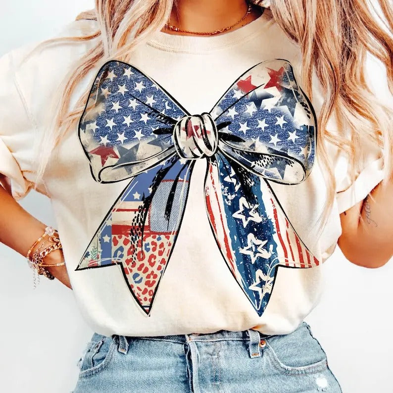 Coquette American Girl Tshirt, Coquette Bow Shirt, 4th of July Tee, Freedom, American Flag 4th of July T-Shirt Top Womenswear