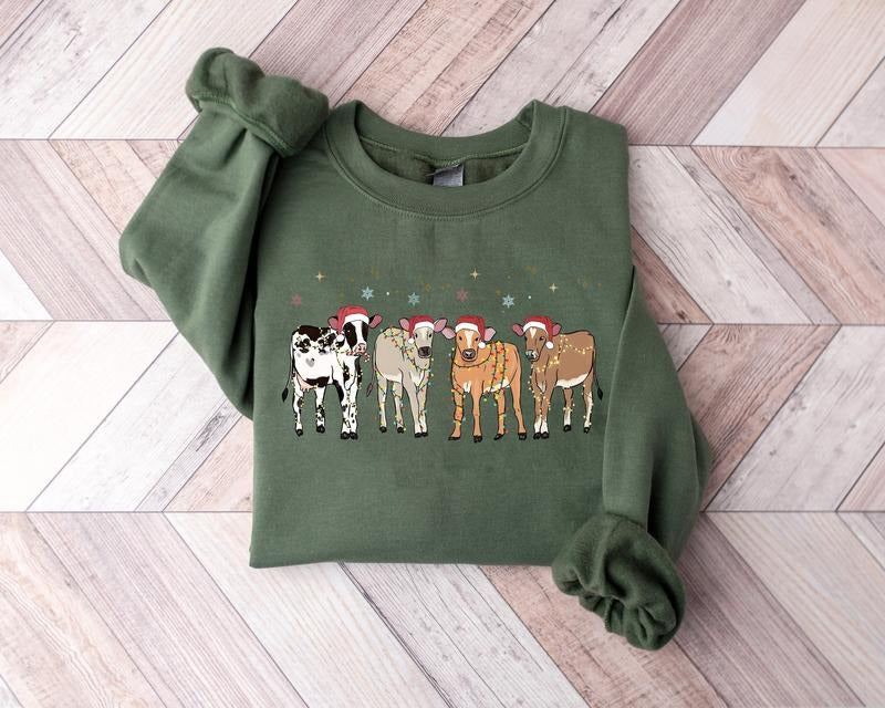 Cow Santa Sweatshirt, Christmas Cow Crewneck Sweatshirt, Funny Christmas Shirt, Cow Lover Gift, Farm Christmas, Western, Women's Cow Sweater