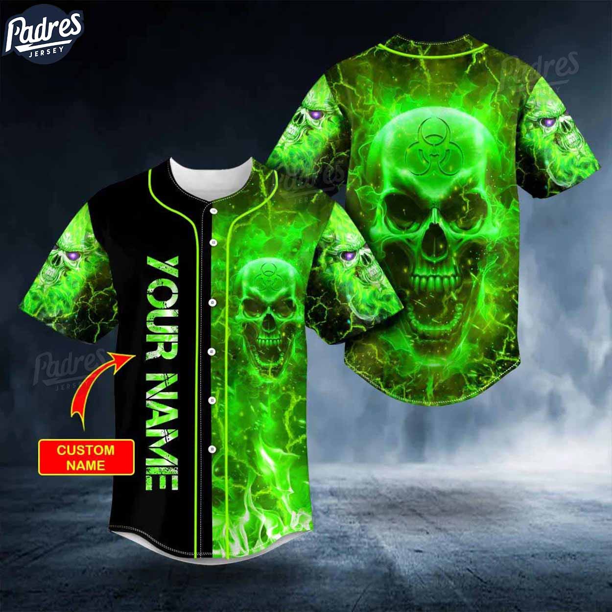 Custom Biohazard Green Fire Skull Baseball Jersey - Padres Jersey Oasis: Elevate Your Baseball Style Game
