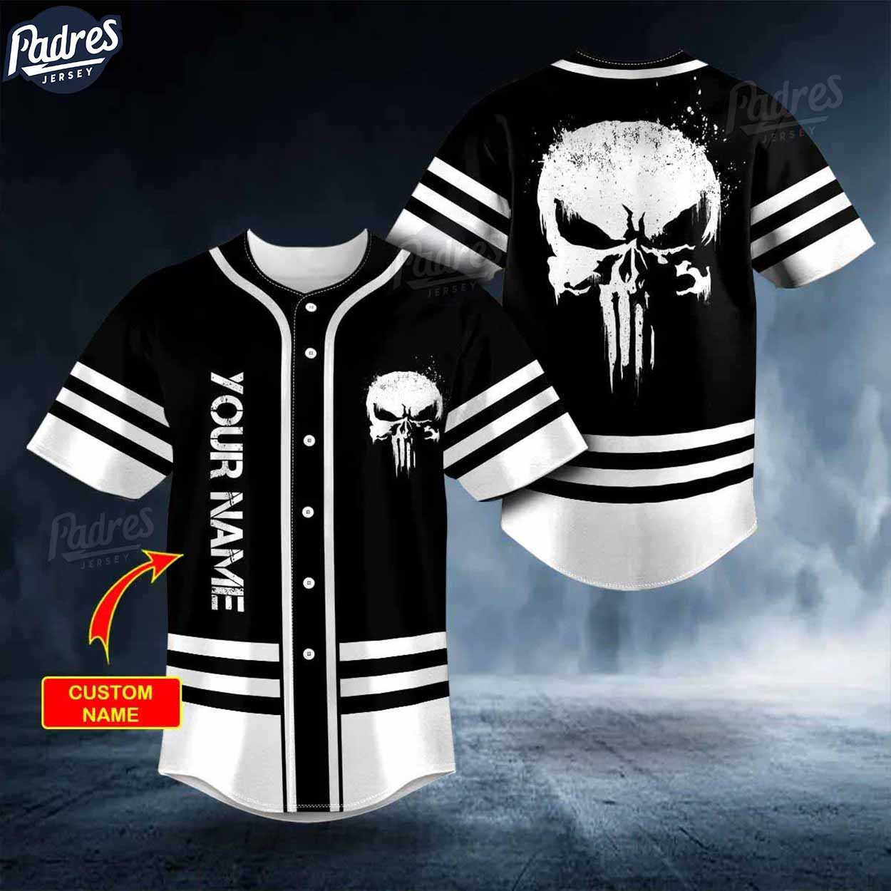 Custom Black White Punisher Skull Baseball Jersey - Padres Jersey Oasis: Elevate Your Baseball Style Game