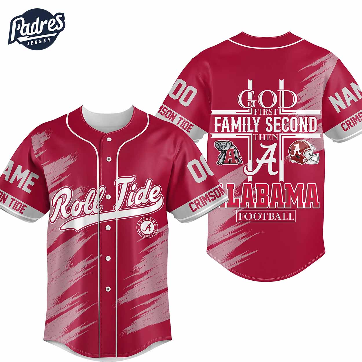 Custom God First Family Second Then Alabama Crimson Tide Football Baseball Jersey - Padres Jersey Oasis: Elevate Your Baseball Style Game