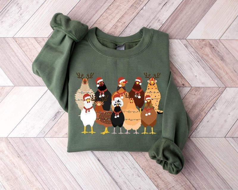 Cute Christmas Chickens Sweatshirt, Christmas Farm Animal Sweatshirt, Chricken Christmas Lights Shirt, Chickens Lover Sweater, Funny Holiday Sweater, Christmas Chickens Gift, Women's Christmas Crewneck