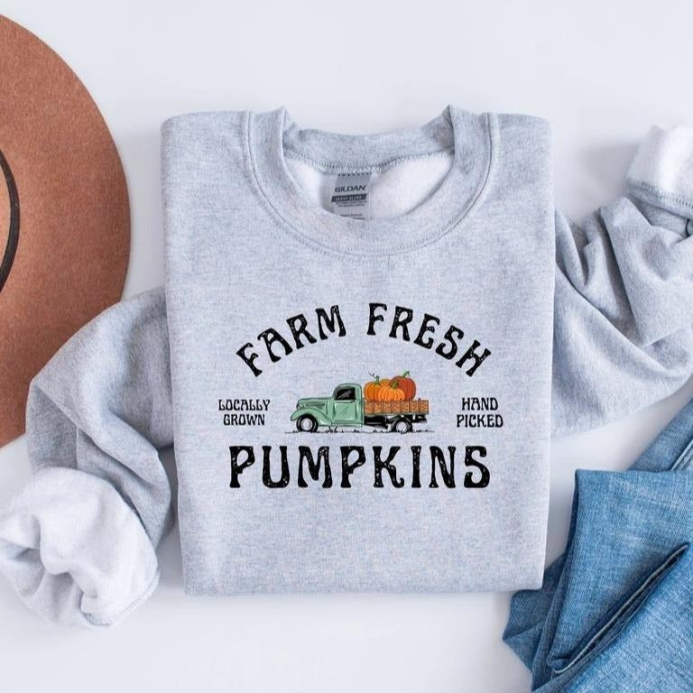 Farm Fresh Pumpkins Crewneck Sweatshirt, Pumpkin Truck Shirt, Farm Fresh Sweater, Fall Lovers Pullover
