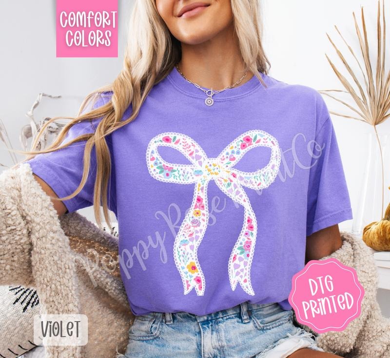 Floral Bow Shirt Comfort Colors, Coquette TShirt, Trendy Graphic Women's Tee, Gift for Her