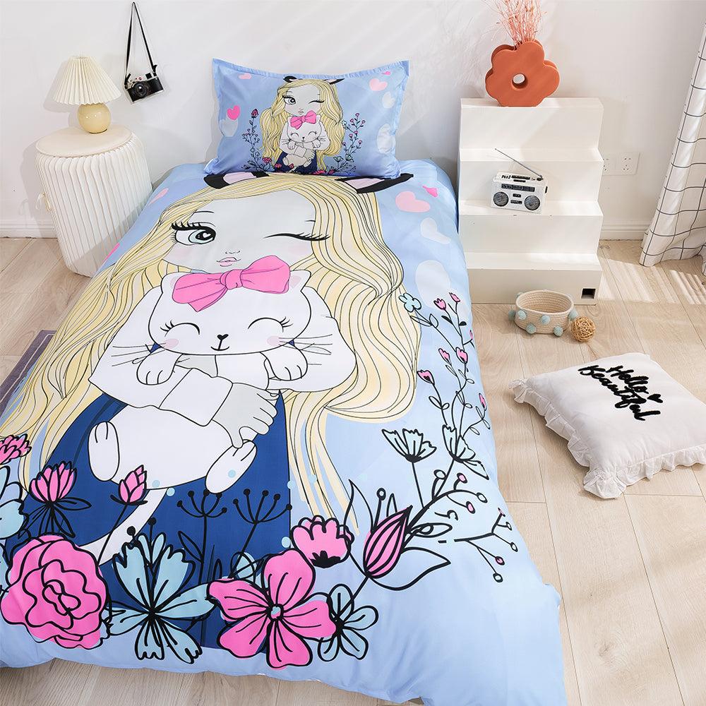 3D Cartoon Girl Cat Blue Quilt Cover Set Bedding Set Duvet Cover Pillowcases 89