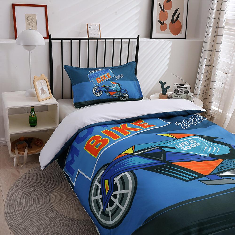 3D Cartoon Blue Motorcycle Quilt Cover Set Bedding Set Duvet Cover Pillowcases 190