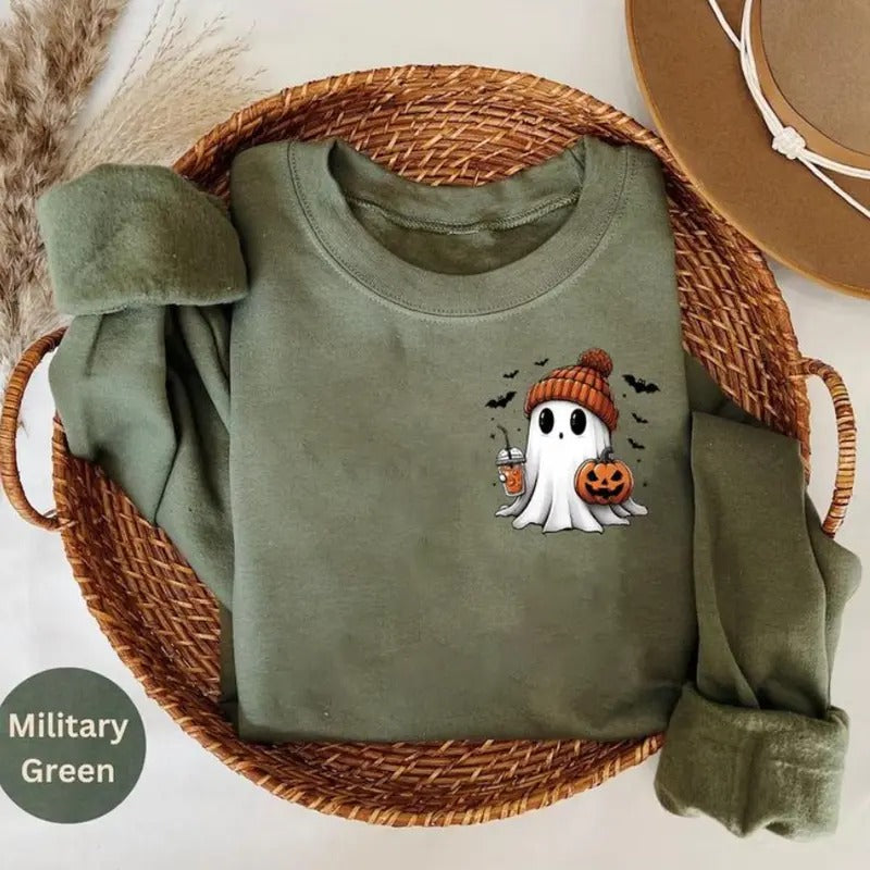 Little Ghost Ice Coffee Sweatshirt - Shirt- Hoodie, Halloween Ghost Coffee Shirt, Bougie Ghost Shirt, Spooky Season, Cute Ghost Sweatshirt, Halloween Crewneck, Sweatshirt, Hoodie, Halloween for women, Full Color, For Men, For Women, Casual, Tee Print