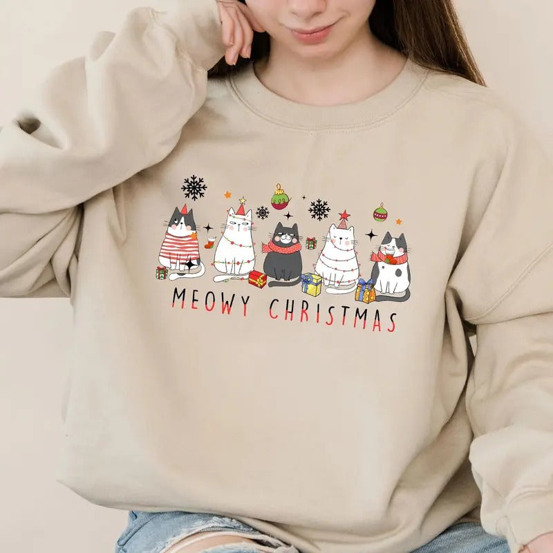Meowy Christmas Vibes Unisex T-Shirt - Medium-Heavy Fabric, Loose Fit - Pullover