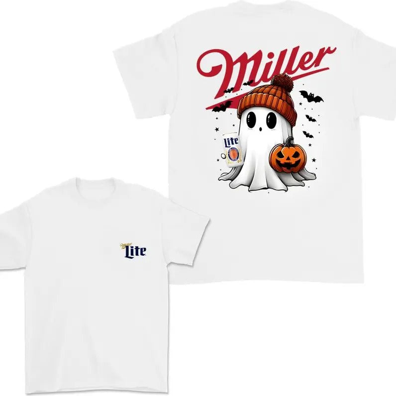 Miler Lite Ghost Cute Pumpkin Halloween 2 Sided T-Shirt, Miler Lite Shirt For Men And Women, Halloween Pumpkin Trendy Shirt, Full Color, Classic Fashion, Tee Print