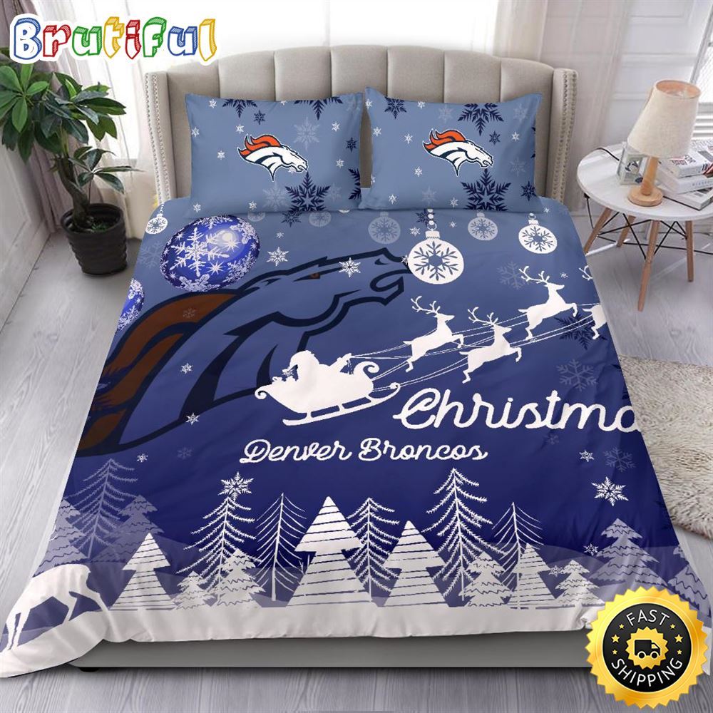 NFL Denver Broncos Bedding Sets Santa Claus Sleigh And Reindeer Christmas Bedding Sets Quilt Bedding Sets