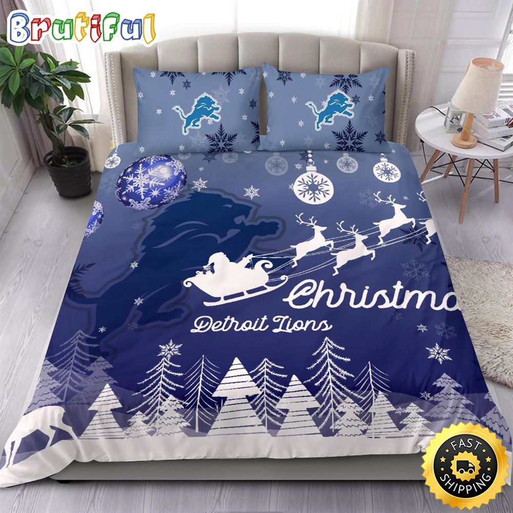 NFL Detroit Lions Bedding Sets Santa Claus Sleigh And Reindeer Christmas Bedding Sets Quilt Bedding Sets