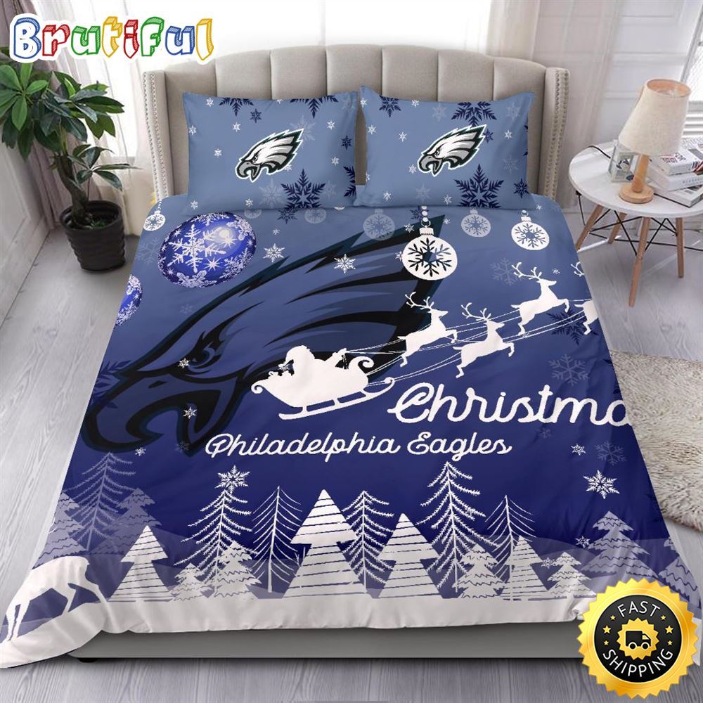 NFL Philadelphia Eagles Bedding Sets Santa Claus Sleigh And Reindeer Christmas Bedding Sets Quilt Bedding Sets