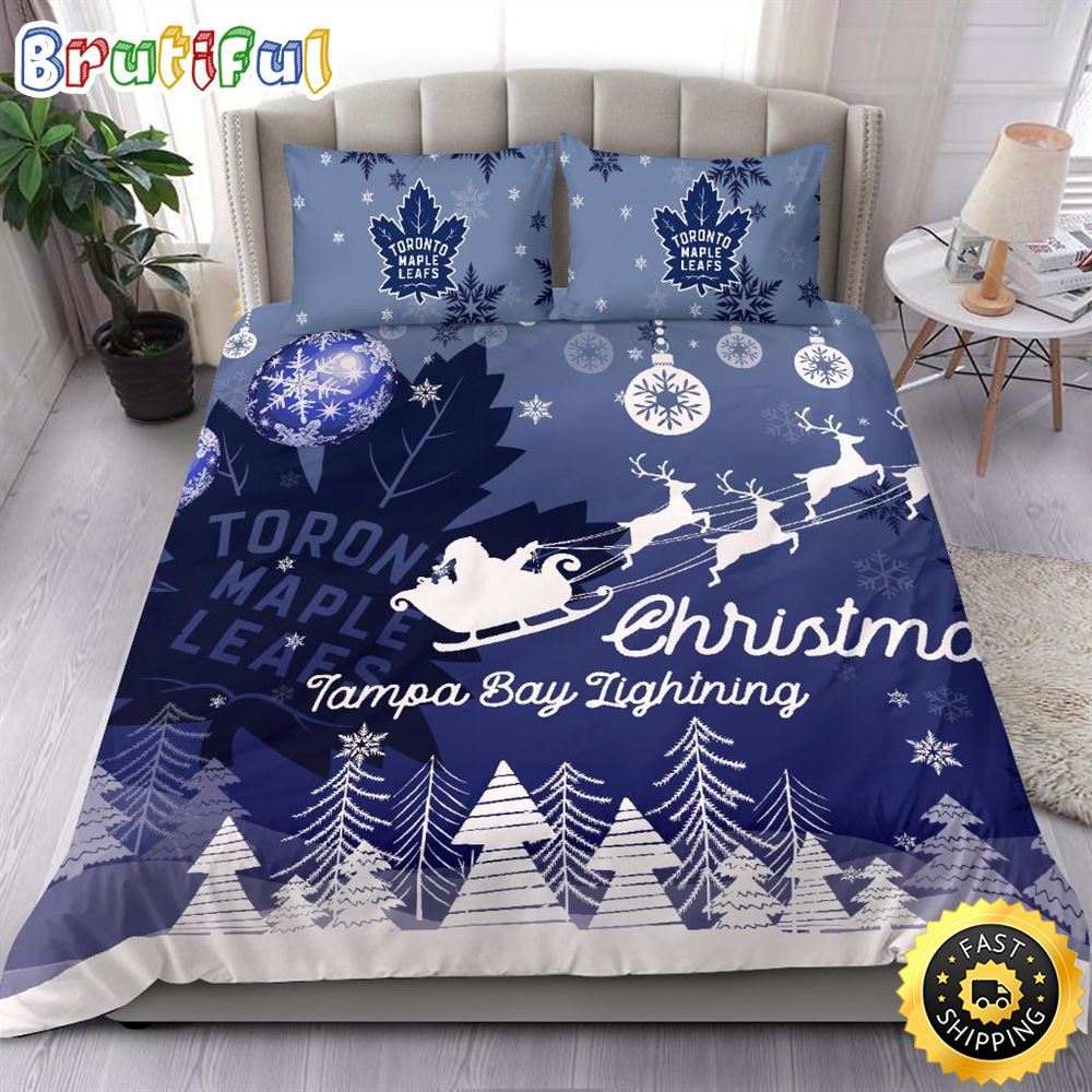 NHL Toronto Maple Leafs Bedding Sets Santa Claus Sleigh And Reindeer Christmas Bedding Sets Quilt Bedding Sets