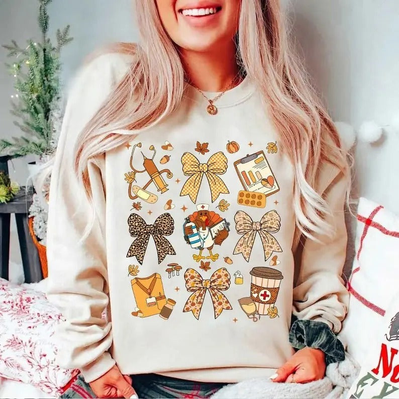 Nurse Thanksgiving shirt, Cute Funny Nurse Thanksgiving Shirt, Fall RN CNA Emergency Department Medical Team Tee, Bows Thanksgiving Shirt, Gift For Him, Gift For Her