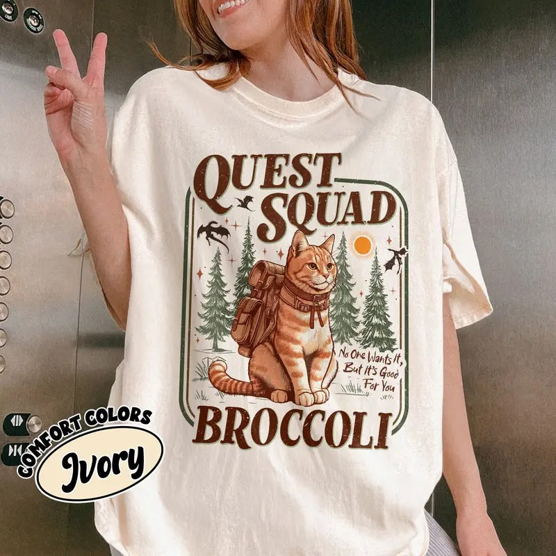 Onyx Storm Quest Squad Broccoli Comfort Colors Shirt, Fourth Wing Shirt, Broccoli Cat TShirt, Ridoc Romantasy Fan Shirt, Dragon Rider Tee Womenswear