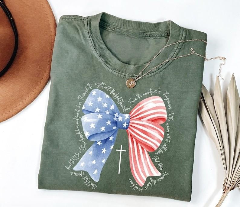 Patriotic Coquette Bow Tshirt, God Bless America Shirt, 4th of July T-Shirt, Women's Patriotic Tee