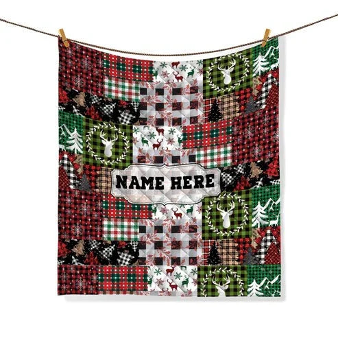 Personalized Christmas Holiday Patchwork Pattern 3-Piece Quilt Bedding Set With Pillowcases