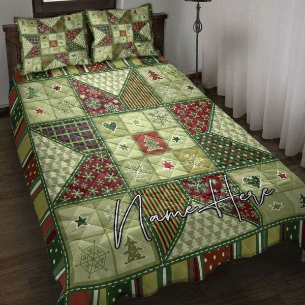 Personalized Christmas Patchwork Seamless Christmas Winter 3-Piece Quilt Bedding Set With Pillowcases