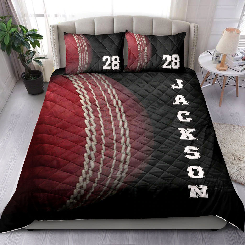 Personalized Cricket Quilt Set, Cricket Ball Black Quilt Blanket With Pillowcases, Custom Name and Number Quilt Bedding Set