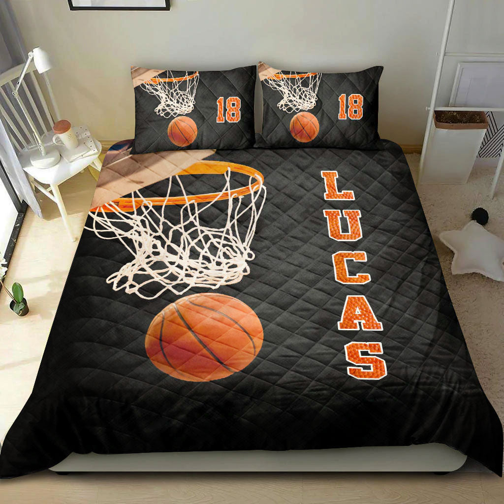 Personalized Basketball Quilt Set, Basketball Ball 3D Print Black Quilt Blanket With Pillowcases, Custom Name and Number Quilt Bedding Set