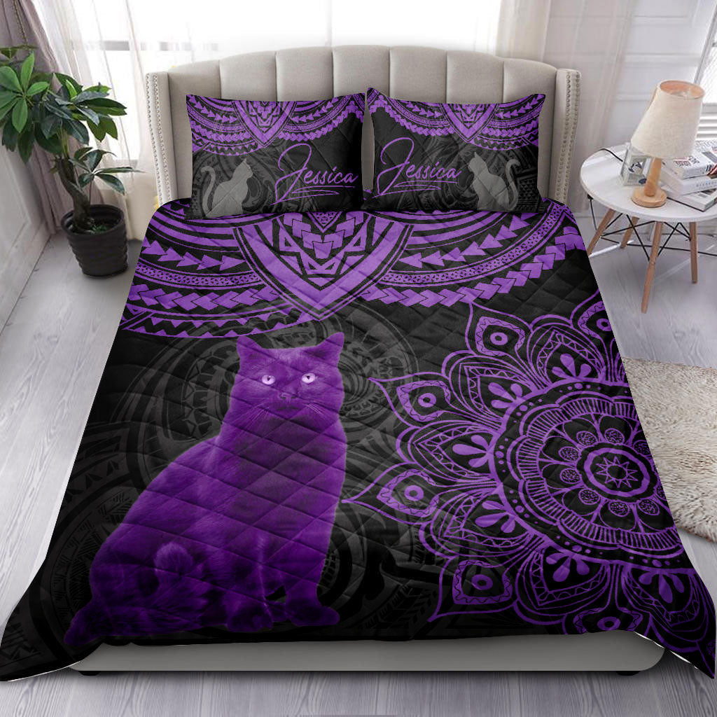 Cat Quilt Set, Purple Cat Mandala Gif Quilt Blanket With Pillowcases, Quilt Bedding Set
