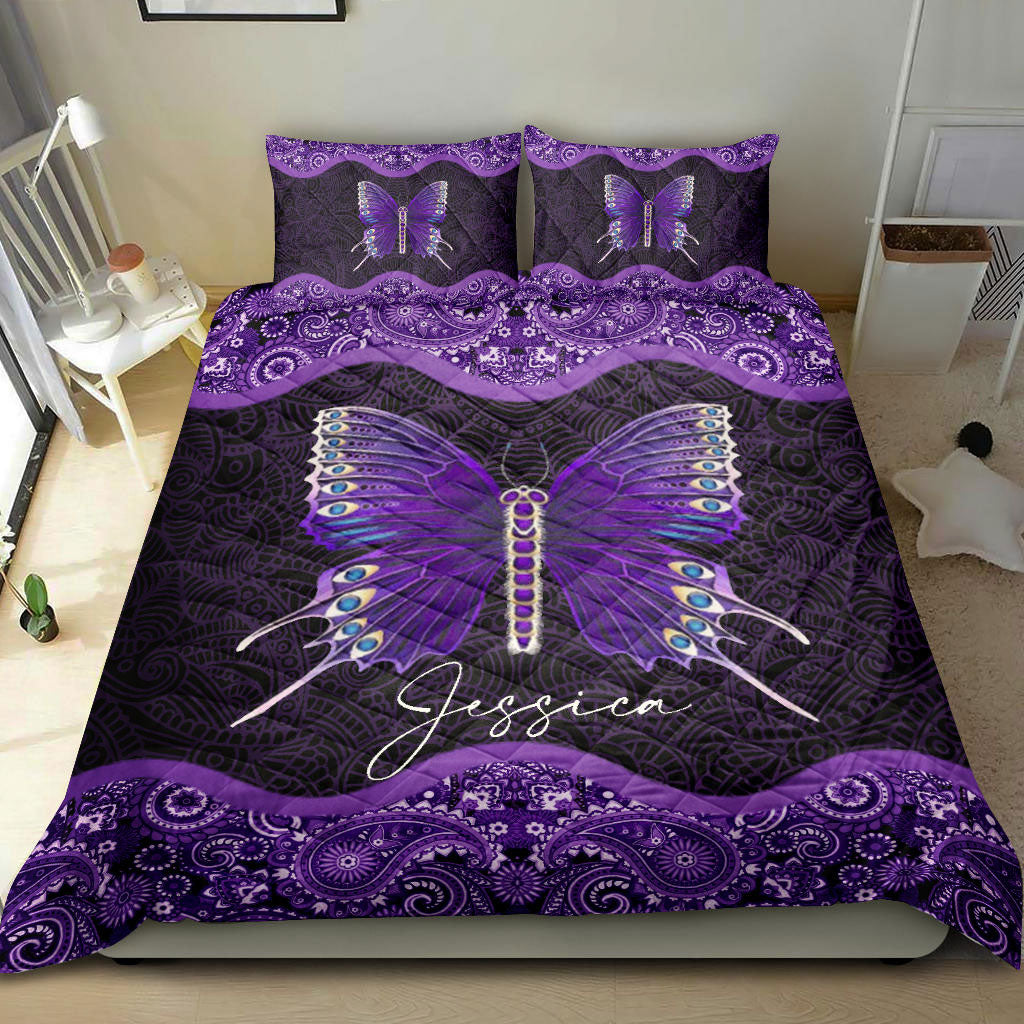 Butterfly Quilt Set, Moth Butterfly Purple Black Mandala All Season Quilt Blanket With Pillowcases, Quilt Bedding Set
