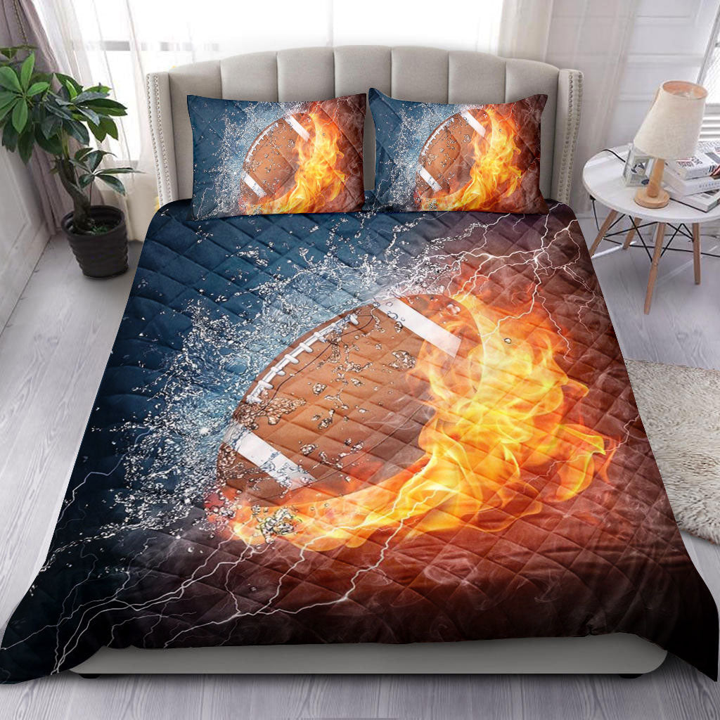 Football Quilt Set, America Football Ball Fire Water Quilt Blanket With Pillowcases, Quilt Bedding Set