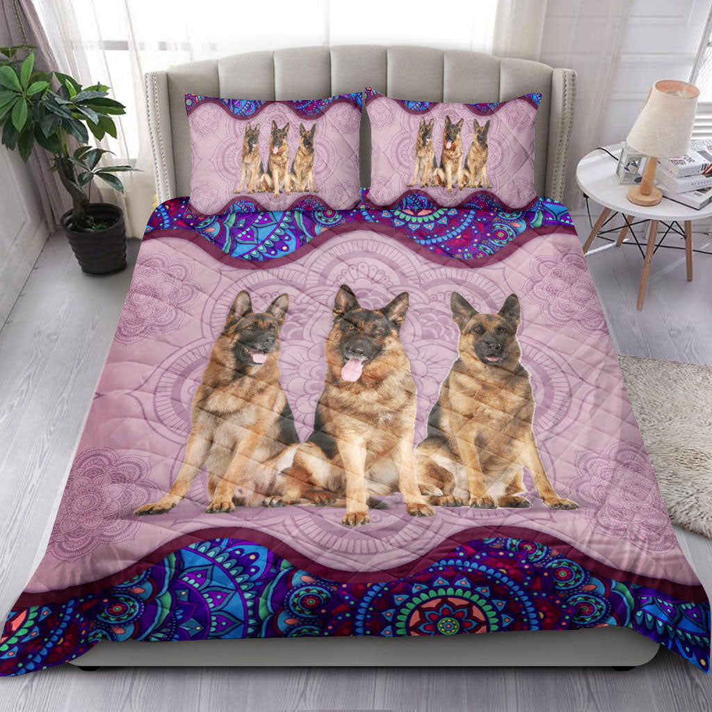 German Shepherd Quilt Set, German Shepherd Pink Blue Mandala Quilt Blanket With Pillowcases, Quilt Bedding Set