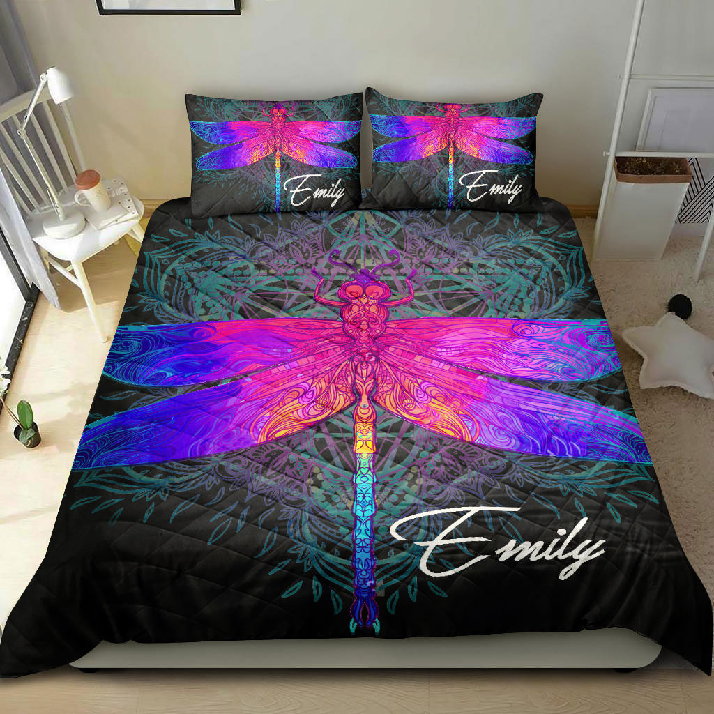 Personalized Dragonfly Quilt Set, Colorful Dragonfly Wicca Mystery Gothic Black Quilt Blanket With Pillowcases, Quilt Bedding Set